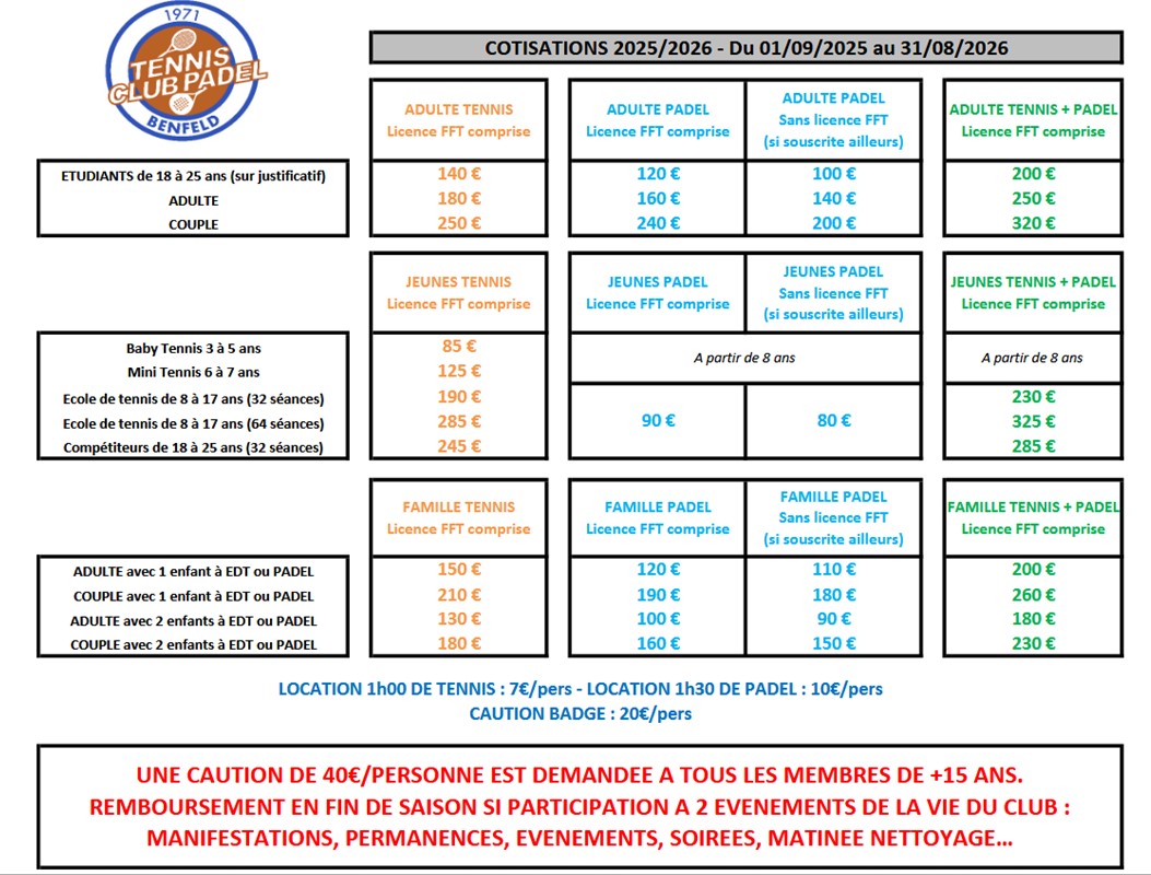 Tarifs cotisation 2025-2026